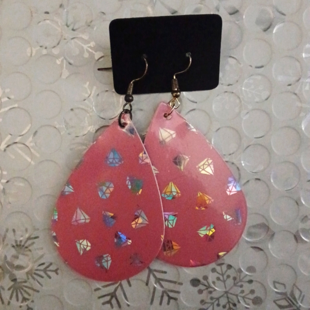 Baby pink and silver holographic diamond design earrings